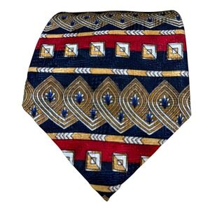 Barbara Blank Silk Necktie Mens One Size Navy Red Gold Geometric Medallion USA